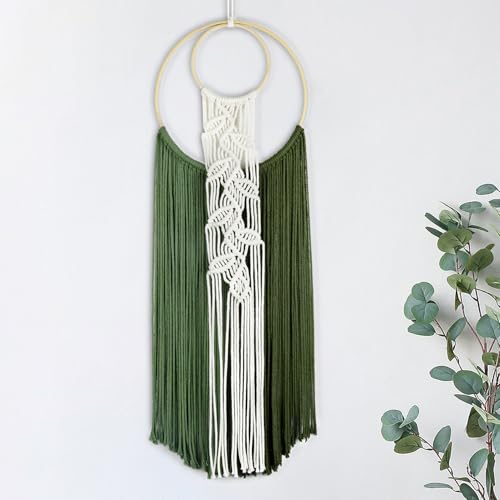 LB Boho Macrame Wall Hanging, Green Woven Tapestry with Double Circular Rings Wall Hanging Decor Boho Macrame Decor for Living Room Apartment Office Backdrop,10X30 Inch - color: Green