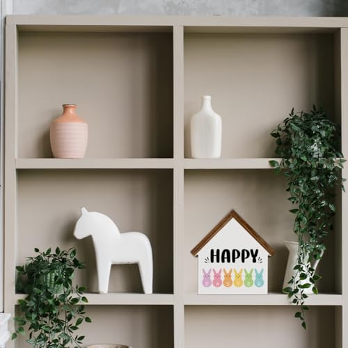 Easter Decor, Happy Easter House Shaped Wood Block Sign - color: HAPPY