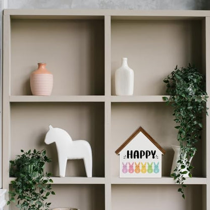 Easter Decor, Happy Easter House Shaped Wood Block Sign - color: HAPPY