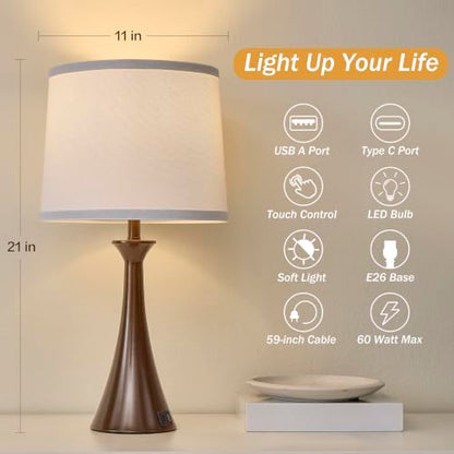 Touch Table Lamps Set of 2, 21" Bedside Lamps with USB C+A, Brown - color: Brown 2pcs