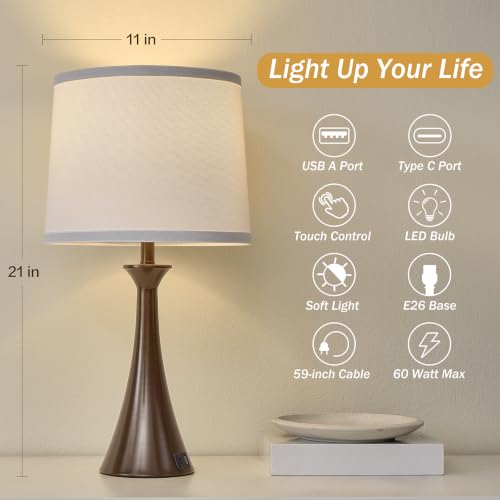 Touch Table Lamps Set of 2, 21" Bedside Lamps with USB C+A, Brown - color: Brown 2pcs