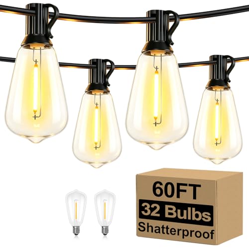 Brightever 60FT Outdoor String Lights 32 Bulbs, Waterproof Patio Lights - color: Black Wire Warm White, size: 60FT