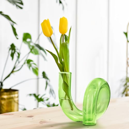 Joeyan Handmade Small Green Glass Flower Vase,Decorative Geometric Bud Vase - color: Green