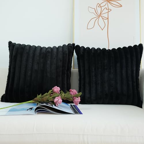 JOJUSIS Faux Fur Plush Throw Pillow Covers, Black, 16 x 16-Inch - color: Black, size: 16" x 16" (Pack of 2)