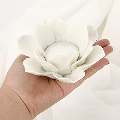 OwnMy 4.5 Inch Ceramic Lotus Flower Tea Light Holder Votive Candle Holder - color: White
