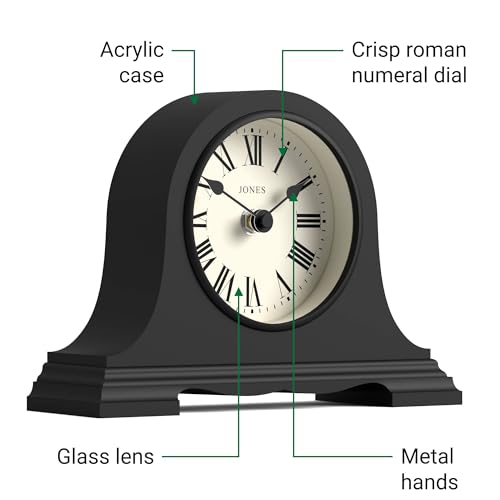 JONES CLOCKS® Speakeasy Small Mantel Clock | Classic Napoleon’s hat Design | Black | Roman Numerals |Traditional Style for Desk, Table, Shelf or Bedside - color: Black