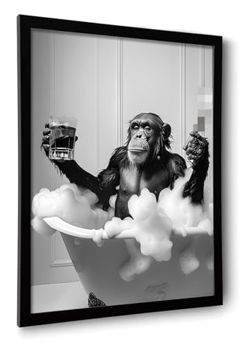 OIQArtOIQ Funny Bathroom Framed Wall Art Black and White Animal Canvas Wall Art Prints Chimpanzee in Bathtub Pictures Wall Decor Modern Minimalist Humorous Artwork For Restroom - color: Chimpanzee, size: 12x16 in