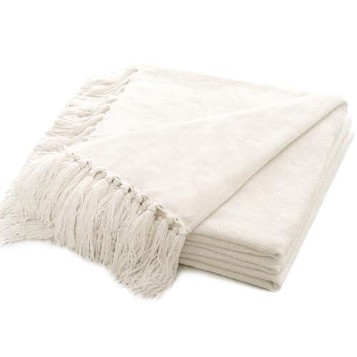 RECYCO Chenille Throw Blanket for Couch, 50"x60", Ivory White - color: Ivory White, size: 50'' X 60''