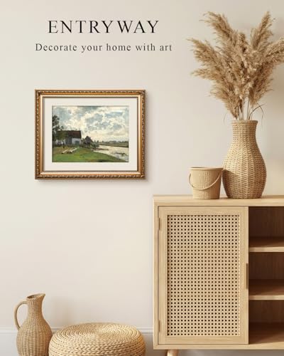 VIYYIEA Gold Framed Countryside Wall Art River Canvas Painting, 13×16 Inch - color: Riverside farmhouses, size: 16"L x 13"W