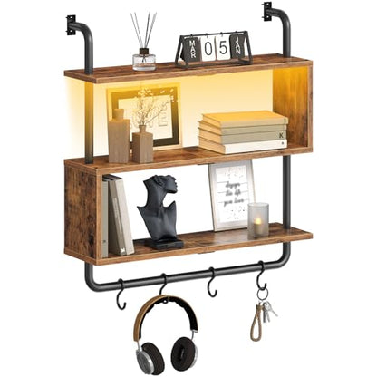 HOOBRO Floating Shelves with LED Lights, 29.5" LED Wall Mounted Shelf - color: Rustic Brown + Black