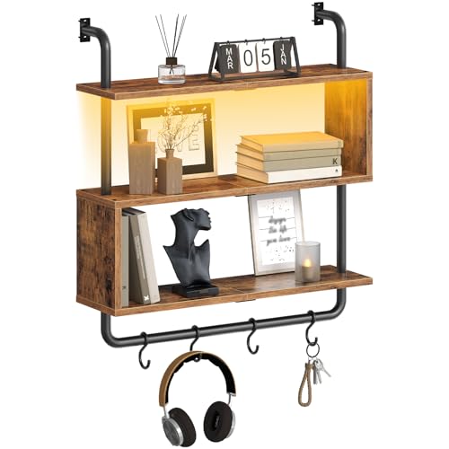 HOOBRO Floating Shelves with LED Lights, 29.5" LED Wall Mounted Shelf - color: Rustic Brown + Black
