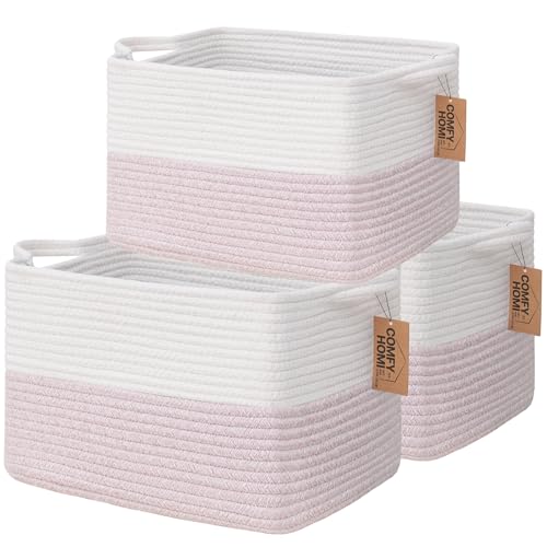 COMFY-HOMI 3PACK Cotton Rope Square Basket with Handles for Shelves| Storage|Baby Basket for GIF|Shoe Basket for Organizing|New13.5" x 11" x 9.5" for Living Room - color: White/Pink, size: 3-13.5"X11"X9.5"