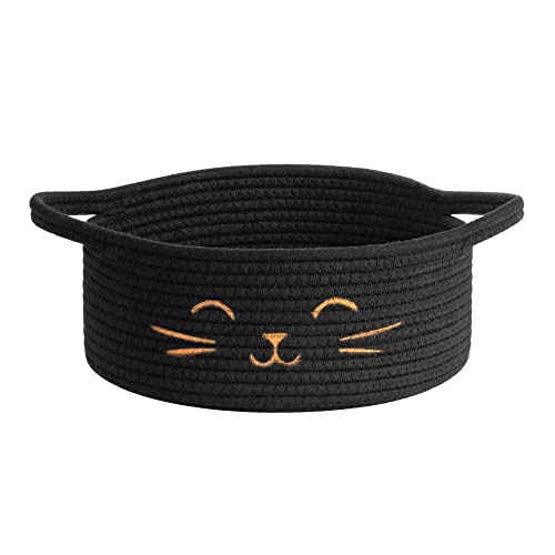 Small Woven Rope Cat Toy Basket with Cat Face Design, Black - color: Black, size: 9.8"W x 4"H