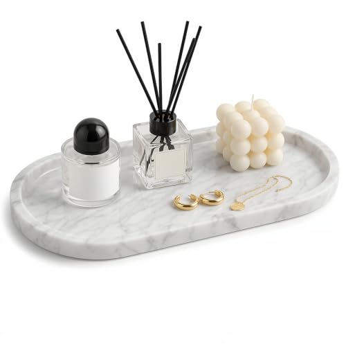 Natural Marble Bathroom Tray, 12×6 inch Oval Marble Vanity Tray - color: White
