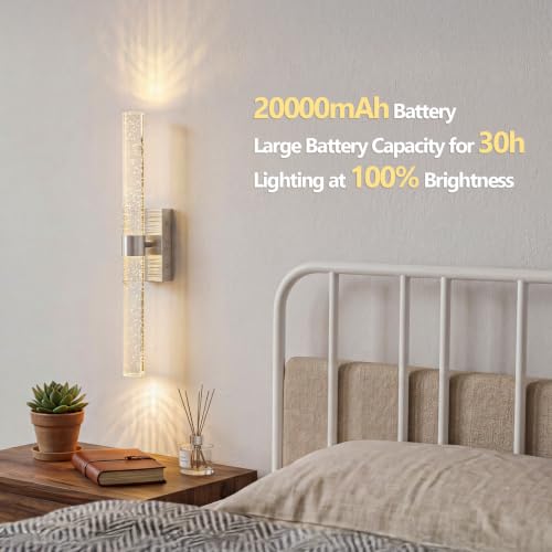 Battery Operated Wall Sconces Set of 2, 20000mAh Rechargeable Wall Light | Remote Control,3000K-6000K Dimmable LED Wireless Sconces,Brushed Nickel,20.9 Inch - color: Nickel, size: 20.9 Inch