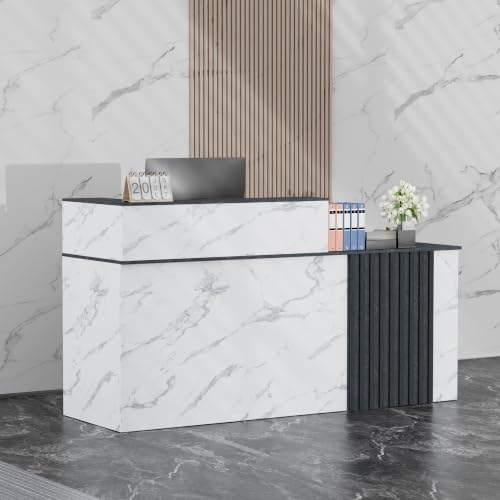 62.9"Reception Desk with Vertical Slat Panels for Office, Salon & Lobby - color: White Marble/Blue-gray Marble, size: 62.9''L x 23.6''W x 39.3''H