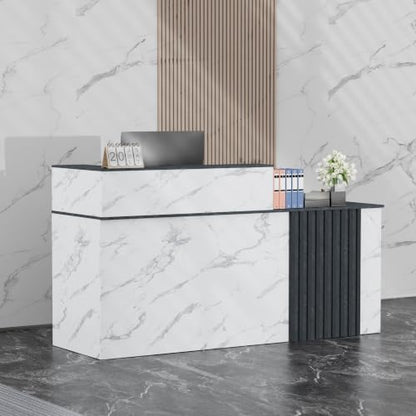 62.9"Reception Desk with Vertical Slat Panels for Office, Salon & Lobby - color: White Marble/Blue-gray Marble, size: 62.9''L x 23.6''W x 39.3''H