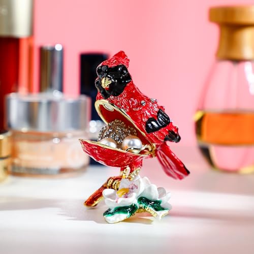 YU FENG Cardinal Bird Trinket Box, Hinged Enamel Jewelry Box - style: Cardinal bird on a branch