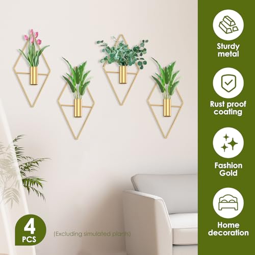4Pcs Hanging Vase Wall Décor Metal Eucalyptus Wall Art Modern Diamond Shape Geometric Room Ornament for Living Room Balcony