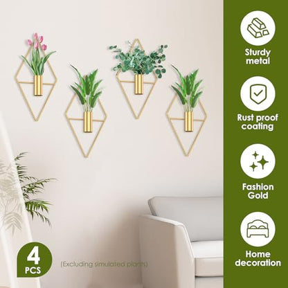 4Pcs Hanging Vase Wall Décor Metal Eucalyptus Wall Art Modern Diamond Shape Geometric Room Ornament for Living Room Balcony