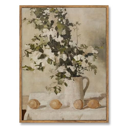ElfLuna Wood Framed Canvas, Retro Lemon Floral Still Life Print - color: Flowers and Lemons, size: 16"L x 12"W