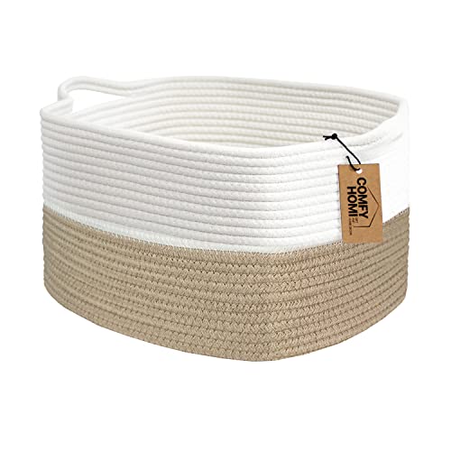 COMFY-HOMI Cotton Rope Woven Basket with Handles for Shelves,Toys,Book, Cloth Storage Baskets Bin for Organizing- 1 PCSToy Decorative Organizer for Living Room, Bathroom - color: Light Brown, size: 13.5"X11"X9.5"