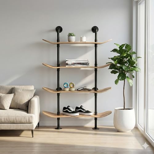 Industrial Pipe Bookcase, 4 Tier Shelf, Natural Wood Stain Finish - size: 4 Tier Shelf
