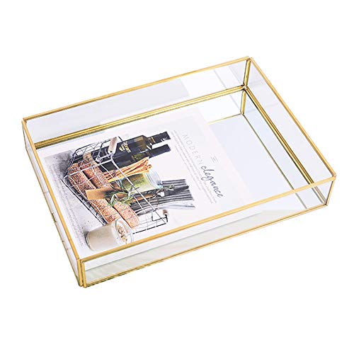 Sooyee Gold Rectangle Mirror Tray, Metal and Glass Fragrance Tray, 12"x8" - color: Gold