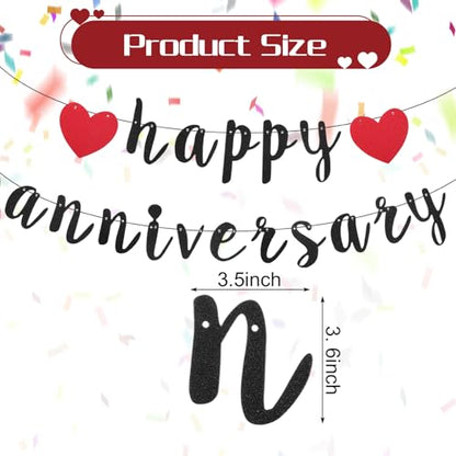 Black Happy Anniversary Banner, Anniversary Party Decorations