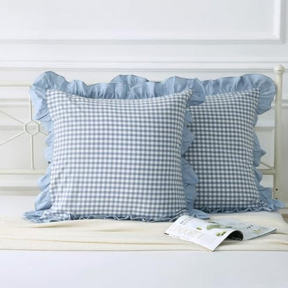 Mywinlle Dusty Blue Plaid Ruffle Gingham Throw Pillow Covers 20"x20" - color: Blue Plaid, size: 20" x 20" (Pack of 2)