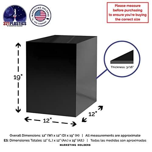 Acrylic Display Riser Box with One Open Side No Lid 12" x 12" x 19" Versatile Black Glossy Square Lucite Retail Product Platform or Merchandise Storage Bin No Assembly by Marketing Holders - size: 12" x 12" x 19" Cube-Glossy Black