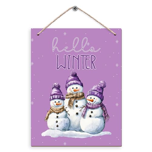 Purple Hello Winter Snowman Hanging Wooden Signs 10x8, Snowman Winter Signs, Winter Door Sign, Purple Snowman Winter Snowflakes Home Room Office Hanging Wall Decor - color: purple