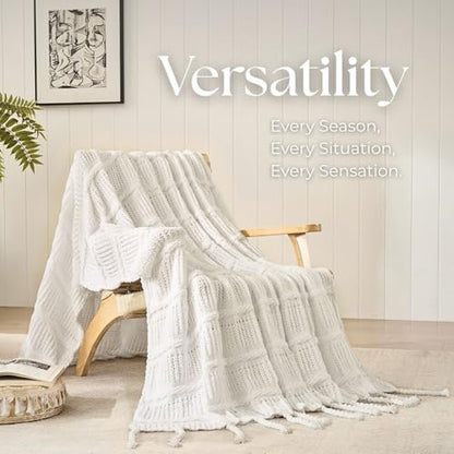 Boho Knitted Chenille Blanket with Tassels - Lightweight & Soft All-Season Throw - 3D Classic Pattern for Living Room Bedroom Couch, Cloud White, Throw 50"x60" - color: Cloud White, size: Throw