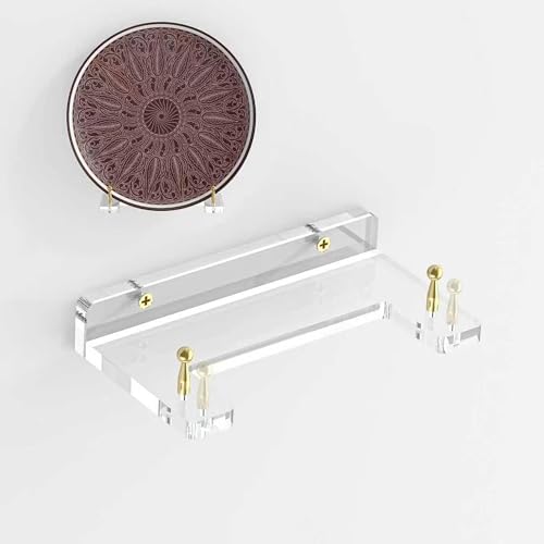Wall-Mount Acrylic Display Shelf for Plates, Acrylic Plate Stand with Adjustable Display Angle, Ideal Hanger for 6-16 Inch Plates, Picture Frames, Bowl, Certificate, Artwork, Gold Pegs - 1 Pack - color: Gold Pegs