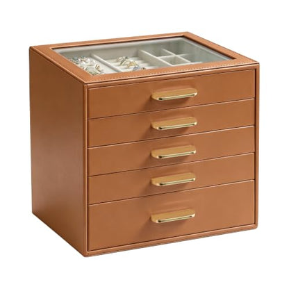 Homeanda Jewelry Boxes Organizer with Glass Lid, 5-Layer PU Leather, Brown - color: Brown, size: 5 Layer