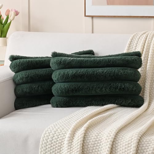 FUTEI Pack of 2 Faux Rabbit Fur Throw Pillow Covers 12x20 Inch, Dark Green - color: Dark Green, size: 20" x 12" (Pack of 2)