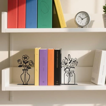 Metal Bookends Flower Vase Book Ends for Shelves - color: Black - 1 Pair Flower Vase