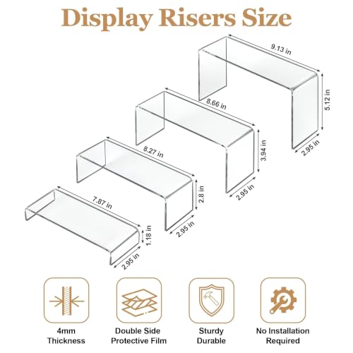 Acrylic Display Risers 8 Pcs 2 Set (7”L~8”L~9”L), Clear Rectangular Display Shelf for Dessert Table & Cupcake, Figures, Perfume, Collectibles, Shoe and More