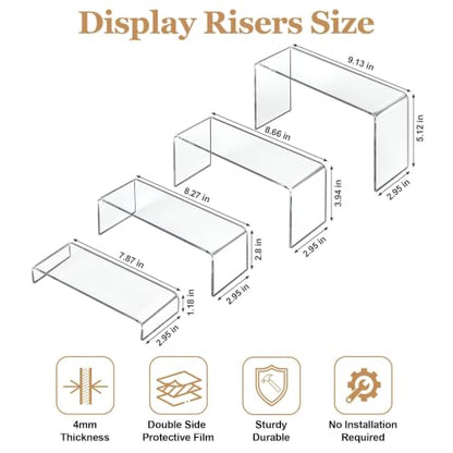 Acrylic Display Risers 8 Pcs 2 Set (7”L~8”L~9”L), Clear Rectangular Display Shelf for Dessert Table & Cupcake, Figures, Perfume, Collectibles, Shoe and More
