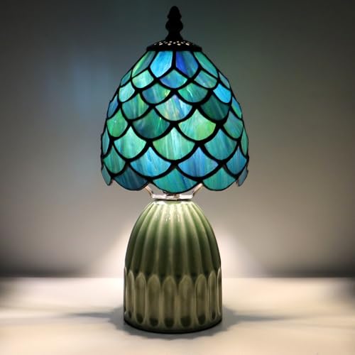 Tiffany Stained Glass Mushroom Table Lamp 12.5 Inch -Blue Fish Scale - color: Sea Blue Fish scale