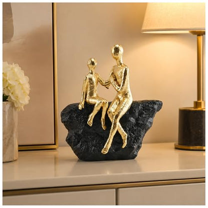 Gold Abstract Couple Sculpture, Romantic Love Statue with Black Base