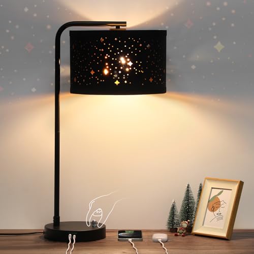 Bedside Table Lamp with USB C+A Ports, 25" Tall Fully Dimmable Side Lamp - color: Black Base with Stars Shade