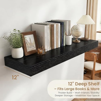55 Inch Long Floating Shelves for Wall Set of 1, 12"D Wood Grain Shelves - color: Black, size: 55"Wx12"Dx2"H, 1P