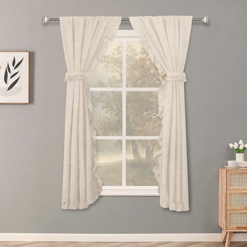 2 Panel 32" W by 63" H Linen Window Curtain Set Rustic Style Decoration with Ruffled Edge, Tie Backs and Wall Adhesive Hooks (Natural) - color: Natural, size: 32"W x 63"L (Pack of 2)