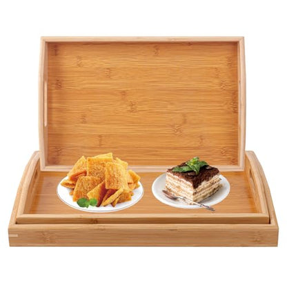 3 PCS Bamboo Serving Tray, 3 Size Nested Breakfast Bed Tray with Handle, Wood Serving Tray for Serving, Breakfast Bed Trays for Eating, Decor, Displaying Cake, Fruit - size: 3 PCS - 3 Sizes