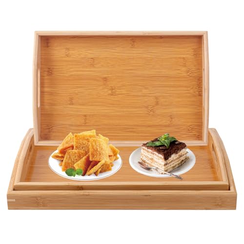 3 PCS Bamboo Serving Tray, 3 Size Nested Breakfast Bed Tray with Handle, Wood Serving Tray for Serving, Breakfast Bed Trays for Eating, Decor, Displaying Cake, Fruit - size: 3 PCS - 3 Sizes