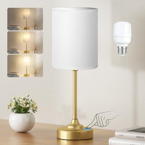 Fenmzee Gold Bedside Lamp for Bedroom - 3-Way Dimmable Touch Table Lamp - color: White Shade-Gold Base, size: 14"