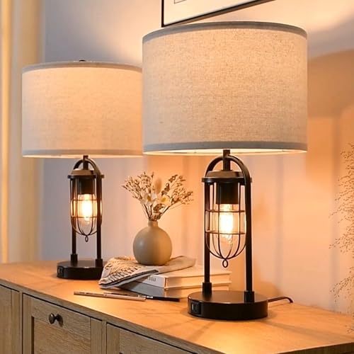 Kyrid Set of 2 Table Lamps with USB Ports and Night Light Farmhouse Nightstand Lamp for Living Room Bedroom（Bulbs Included）