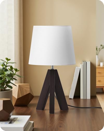 Small Table Lamp for Bedroom, 14.6" Bedside Lamp with White Linen Shade and Walnut Wood Tripod Base, Modern Nightstand Lamp for Living Room, Nursery, Entryway, E26 Socket, VW51TL05 - color: White+Dark Walnut