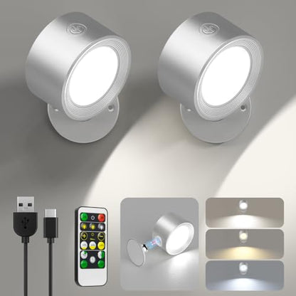 Racokky LED Wall Sconces 2 Pcs with Remote, Wall Lights 3000mAh Rechargeable Battery Operated, 3 Color Temperatures & Dimmable Wall Lamp Magnetic 360° Rotation Light for Bedroom Living Room(Silver) - color: Silver